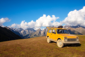 Landscape view with mountains and offroad car, Svaneti national park