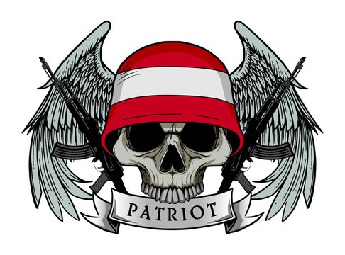 Military skull or patriot skull with AUSTRIA flag Helmet and Wings Background and ak47 Gun