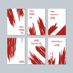 Latvia Patriotic Cards for National Day. Expressive Brush Stroke in National Flag Colors on white card background. Latvia Patriotic Vector Greeting Card.