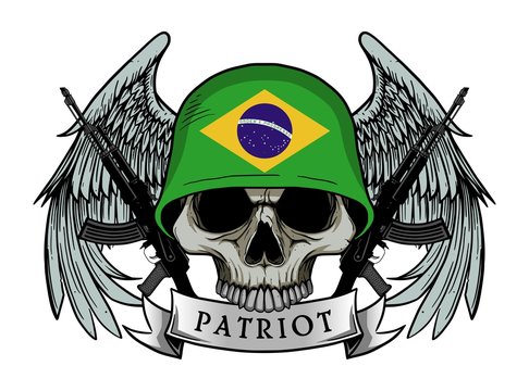 Military skull or patriot skull with BRAZIL flag Helmet and Wings Background and ak47 Gun