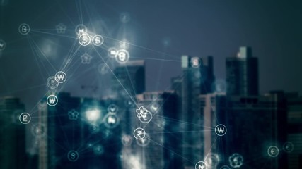 Global currency / Forex / fintech application playing on a HUD window overlooking the financial district of a modern city. 4K seamless looping animation. - Powered by Adobe