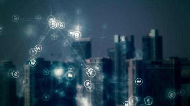 Global currency / Forex / fintech application playing on a HUD window overlooking the financial district of a modern city. 4K seamless looping animation.