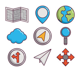 navigation and location related icons over white background colorful design vector illustration