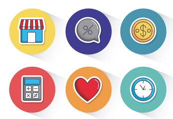 shopping related icons over colorful circles and white background vector illustration