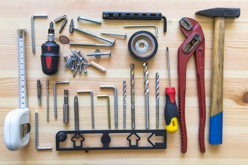 Top view flat lay set construction toolkit safety protect industrial equipment gear on white background with empty space for craft diy build renovation,service maintenance repair in workshop concept.