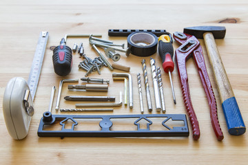 Top view flat lay set construction toolkit safety protect industrial equipment gear on white background with empty space for craft diy build renovation,service maintenance repair in workshop concept.