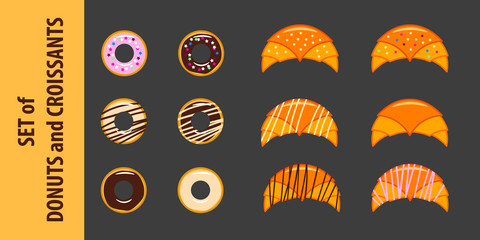 Set of various donuts and croissants in flat style. Vector illustration. Icons for Web and Mobile Application. EPS 10.