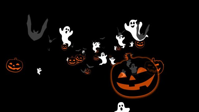 Halloween – bats, pumpkins and ghosts, seamless loop, 4K, alpha
