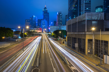 night view of urban traffic with cityscape in Hong Kong,China.