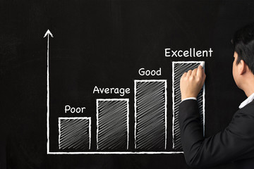 Businessman hand writing graph growing step ranking for business on the chalkboard, Excellent...