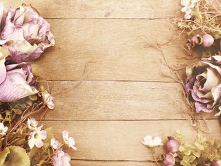 space background with flowers bouquet on wooden background