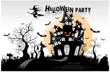 Happy Halloween background with pumpkin, haunted house and full moon. invitation template for Halloween party. Vector illustration