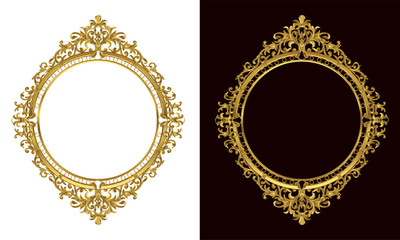 Golden antique frame of Gold photo frame with corner line floral for picture, Vector border design decoration pattern style. Thai art golden metal beautiful.