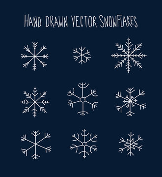 Hand Drawn Snowflakes Icon Set Over Blue Background, Vector Illustration