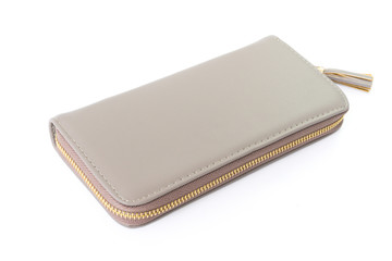 Closeup modern light gray woman wallet on white background