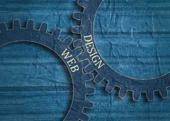 Web and Design text on the mechanism of gears. Communication concept in industrial design. Modern brochure design template. Grunge distress texture.