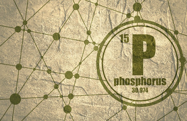 Phosphorus chemical element. Sign with atomic number and atomic weight. Chemical element of periodic table. Molecule And Communication Background. Connected lines with dots. Grunge distress texture.