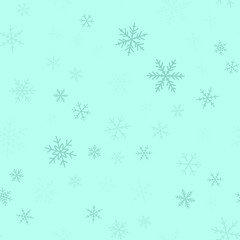 Blue snowflakes seamless pattern on turquoise Christmas background. Chaotic scattered blue snowflakes. Gorgeous Christmas creative pattern. Vector illustration.