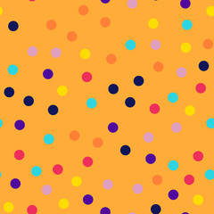 Fototapeta na wymiar Memphis style polka dots seamless pattern on orange background. Overwhelming modern memphis polka dots creative pattern. Bright scattered confetti fall chaotic decor. Vector illustration.