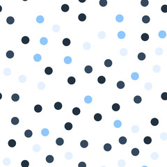 Colorful polka dots seamless pattern on black 15 background. Rare classic colorful polka dots textile pattern. Seamless scattered confetti fall chaotic decor. Abstract vector illustration.