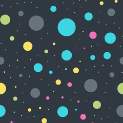 Colorful polka dots seamless pattern on black 10 background. Graceful classic colorful polka dots textile pattern. Seamless scattered confetti fall chaotic decor. Abstract vector illustration.