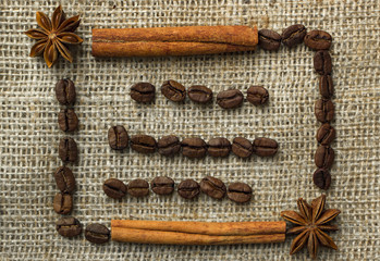Frame made of coffee beans on traditional sack textile