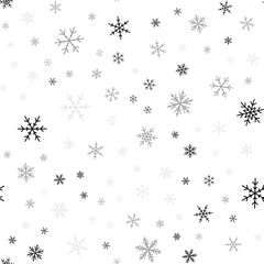 Black snowflakes seamless pattern on white Christmas background. Chaotic scattered black snowflakes. Cool Christmas creative pattern. Vector illustration.