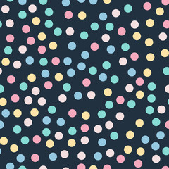 Colorful polka dots seamless pattern on black 9 background. Nice classic colorful polka dots textile pattern. Seamless scattered confetti fall chaotic decor. Abstract vector illustration.