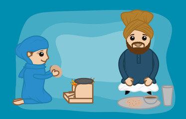 Cartoon Woman and Sardar Eating Food in Villager Style