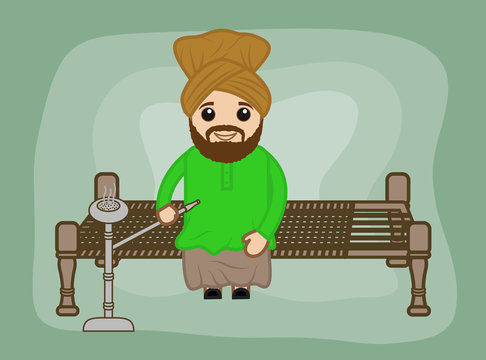 Cartoon Sardar Character Smoking Hukka