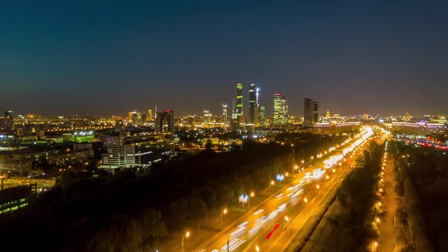 night time sunset sky moscow cityscape traffic street panorama 4k hyper time lapse russia