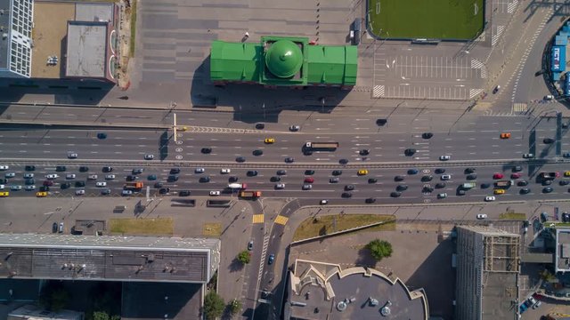 moscow sunny day traffic street crossroad aerial down panorama 4k hyper time lapse russia 