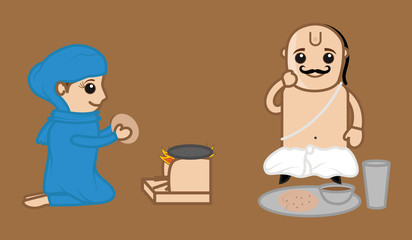 Cartoon Woman Cooking and Priest Eating