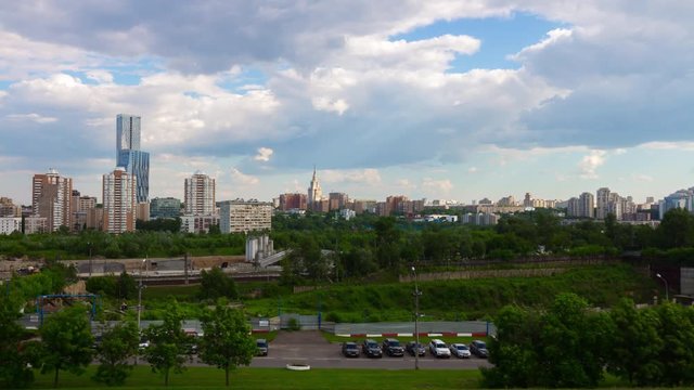 moscow sunny day construction industrial part rooftop aerial panorama 4k timelapse russia