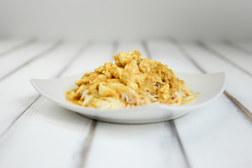 Khanom Jeen Nam Ya Pu, rice noodles with crab curry sauce, Signature Thai food,