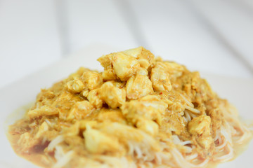 Khanom Jeen Nam Ya Pu, rice noodles with crab curry sauce, Signature Thai food,