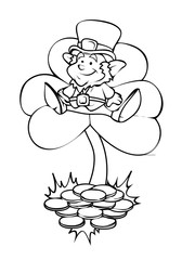 Leprechaun on Clover Leaf and Coins Vector