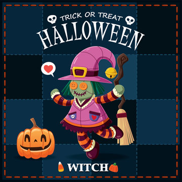 Vintage Halloween poster design with vector witch character. 