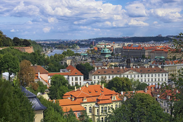 Fototapeta na wymiar Aerial panoramic view of the center of Prague, Czech Republic. Red tiled roofs and colorful facades of landmarks