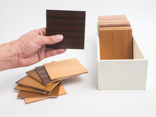 Samples of veneer wood on white background. interior design select material for idea.
