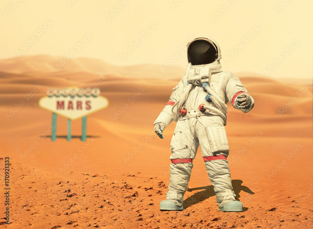 Aufkleber spaceman walks on the red planet mars. space mission. welcome to mars sign. astronaut travel in spac
