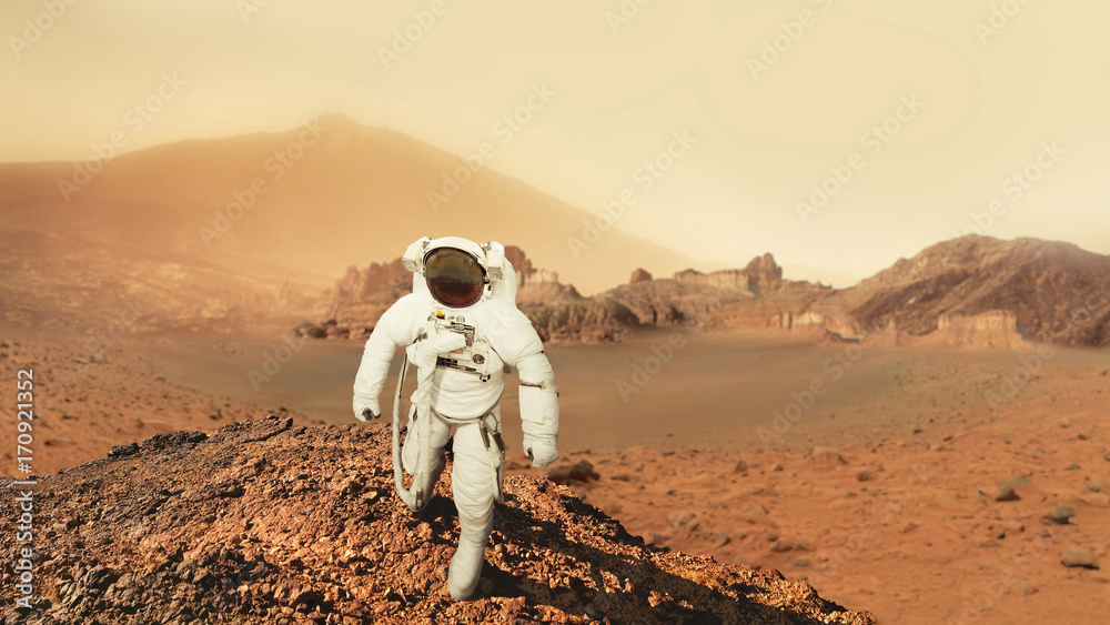 Poster astronaut man walks in the desert with mountains in mars. journey to the red planet. landscape of th