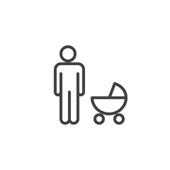 Father with baby stroller line icon, outline vector sign, linear style pictogram isolated on white. Family symbol, logo illustration. Editable stroke