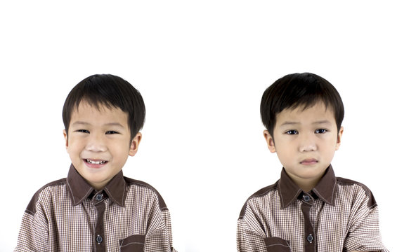 little happy and sad boy face in emotion on isolated white background