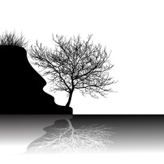 Realistic silhouette of a tree on a cliff(Vector illustration).