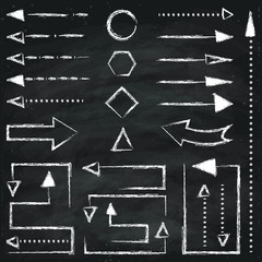 Set of different chalk arrows and geometric figures. Hand drawn illustration. Chalkboard background.