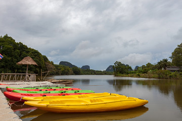 canoe in the lagoon at krabi thailand.