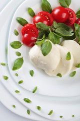 Mozzarella with tomato and green basil.