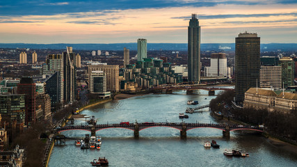 London, England - Aerial skyline view of west London, including Lambeth bridge and Vauxhall Bridge with skyscrapers