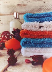 Denim hearts on a wooden background, selective focus